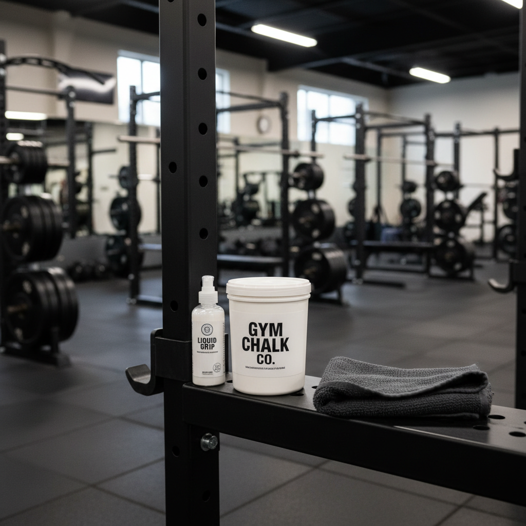 Clean gym chalk setup with towel, liquid chalk, and sealed container