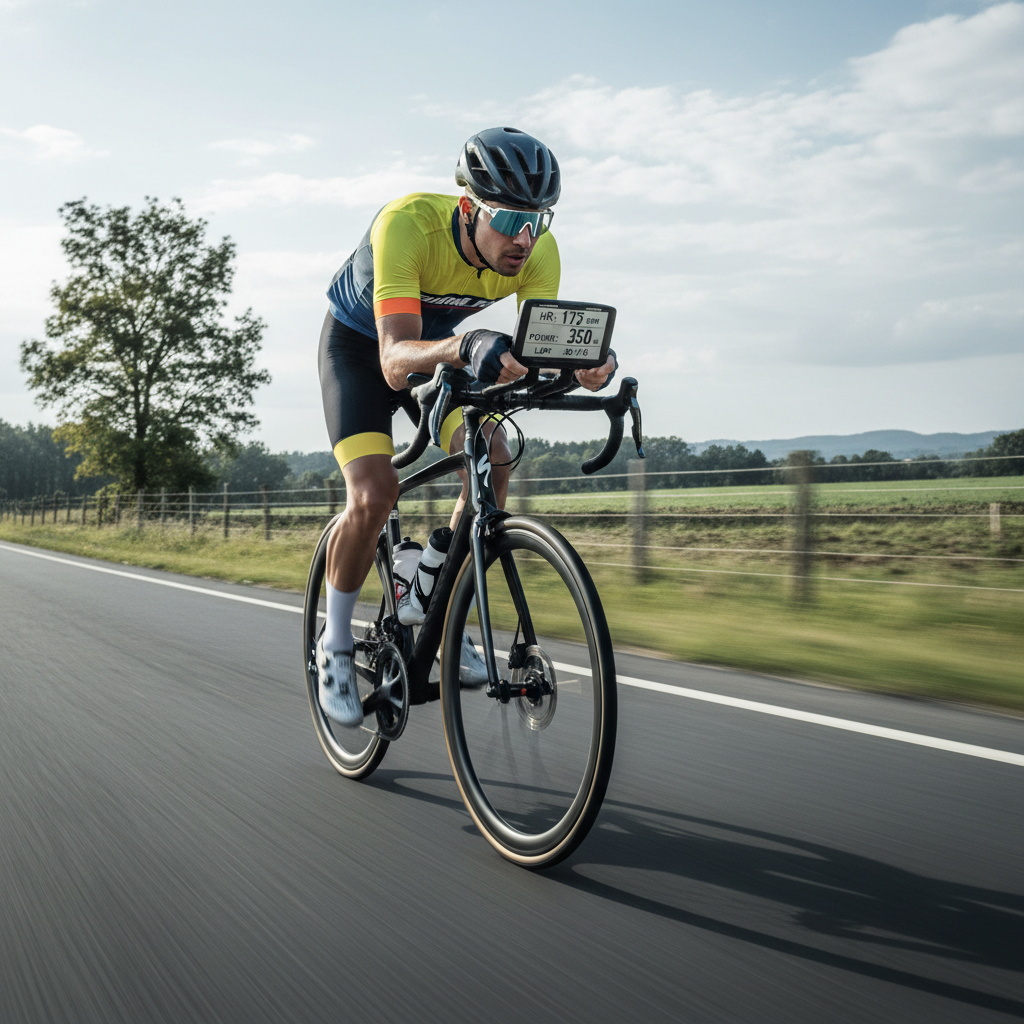 Cycling interval workout on a quiet road with heart rate watch