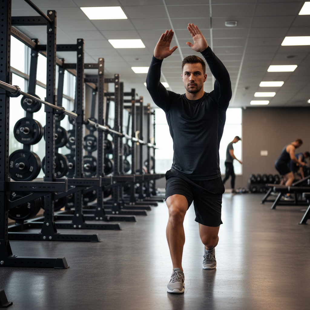 Athlete doing dynamic warm up routine in a gym before lifting