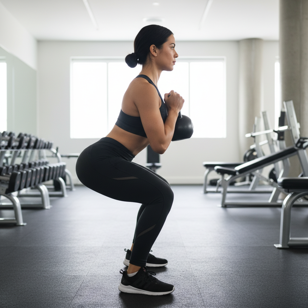 Goblet squat form showing depth, knee tracking, and neutral spine