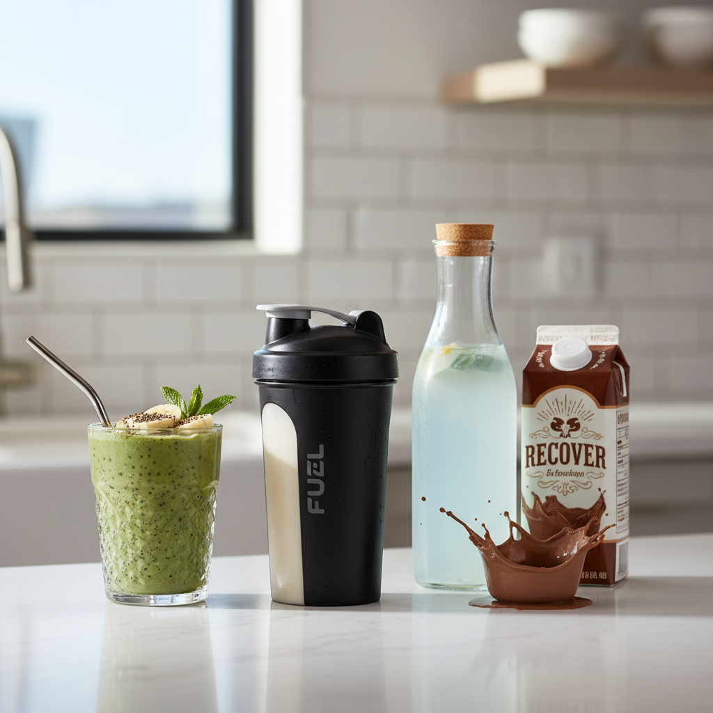 Post-workout recovery drink choices on a kitchen counter