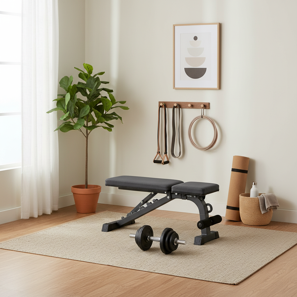 Home weight training setup with dumbbells and resistance bands in a living room