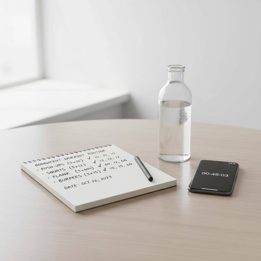 Progress tracking for a full body bodyweight workout routine on a notebook and phone