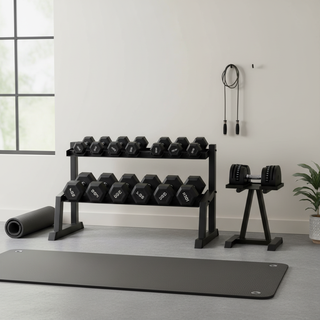 Proper storage setup for a home dumbbell set with rack and mat