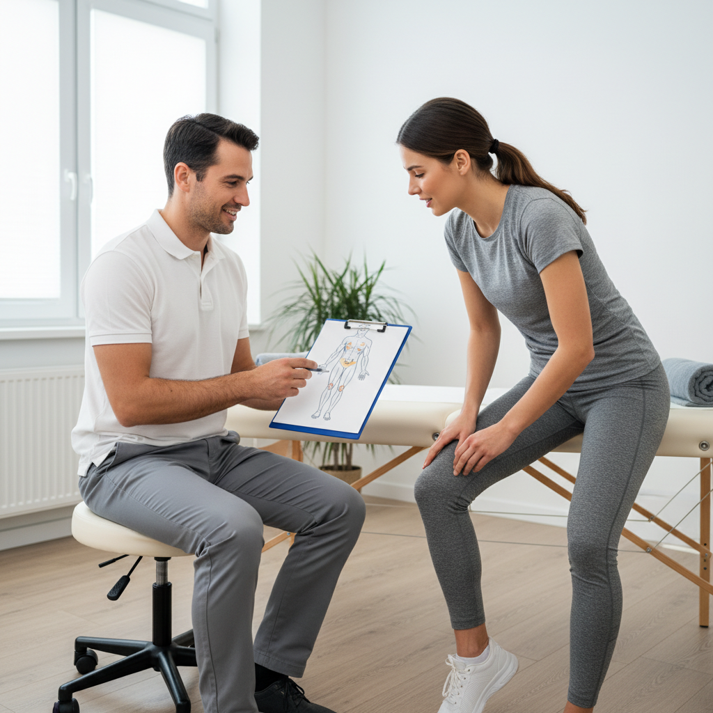 Massage therapist discussing pressure and recovery goals with an athlete