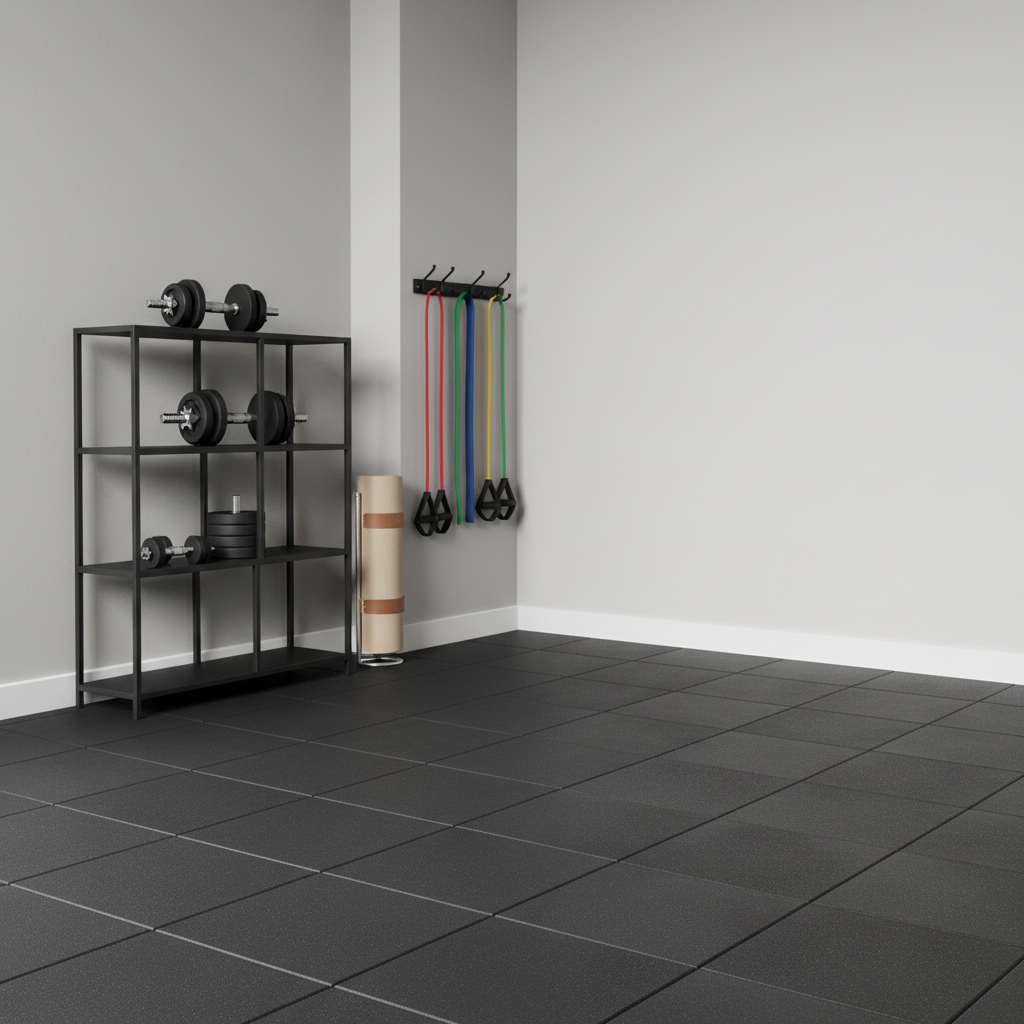 Safe home workout space with rubber flooring and neatly stored equipment