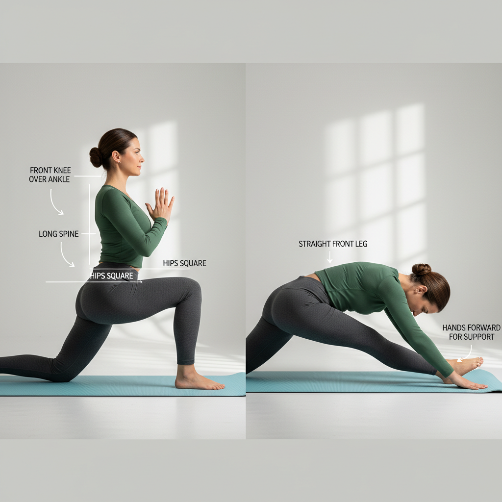 Yoga flexibility poses sequence showing low lunge and half splits with proper alignment