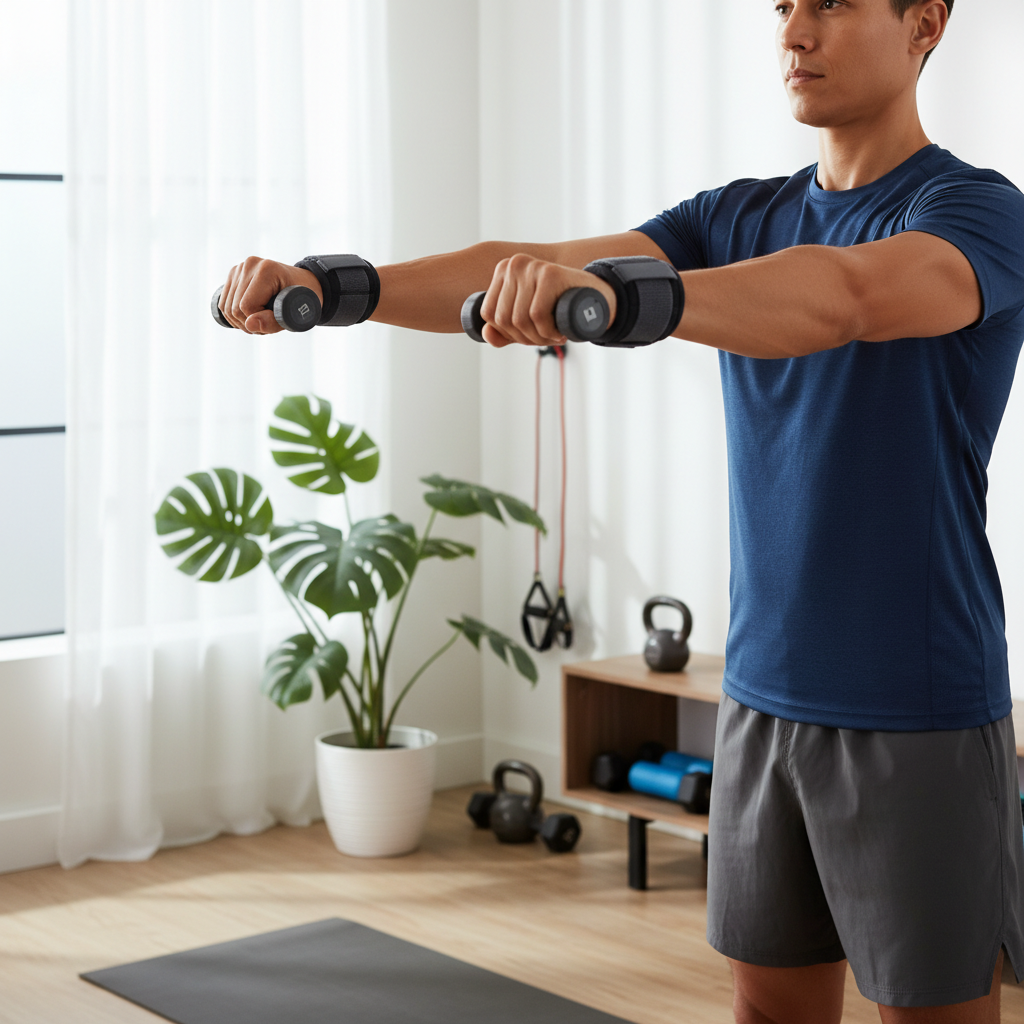 Wrist weights used during a home shoulder workout with controlled form