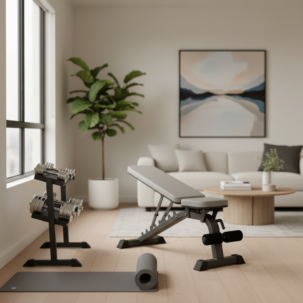 Small home gym corner setup in an apartment living room