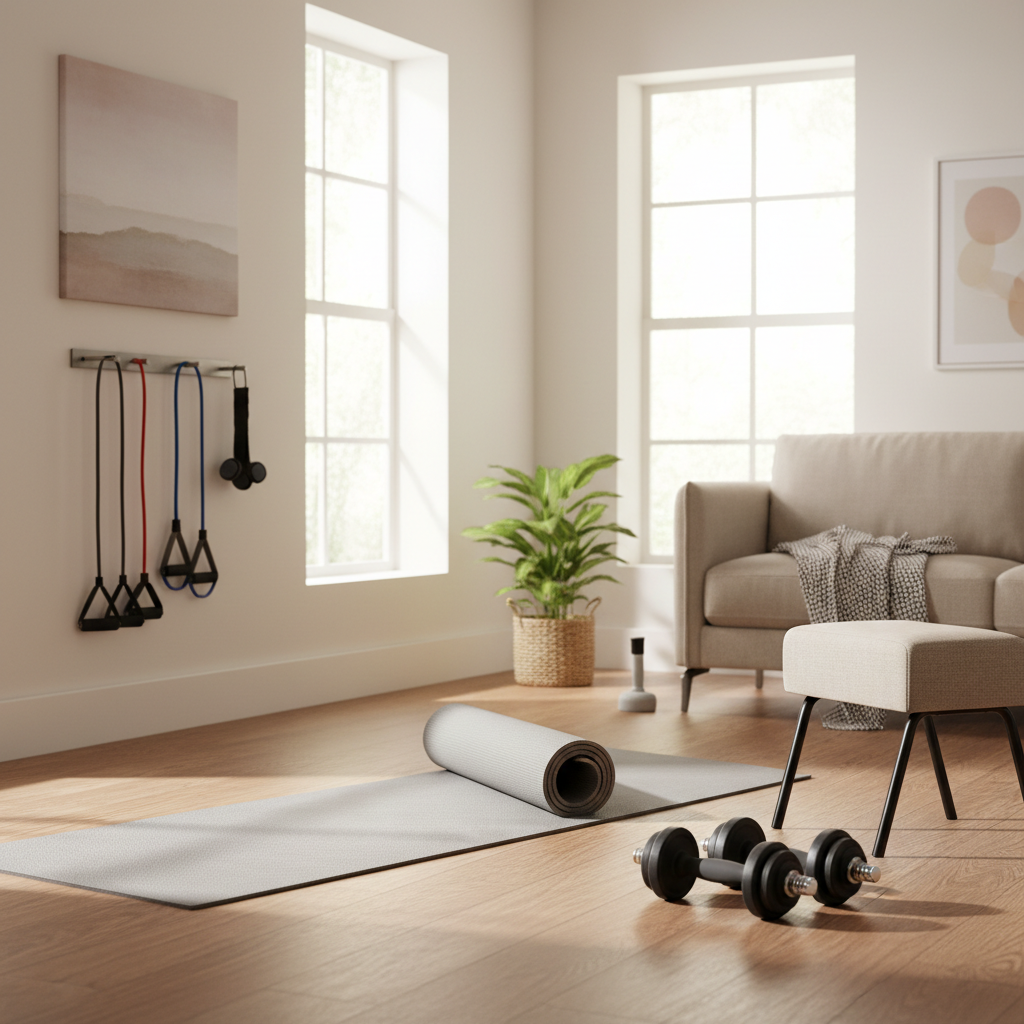 Home resistance training setup with bands and dumbbells