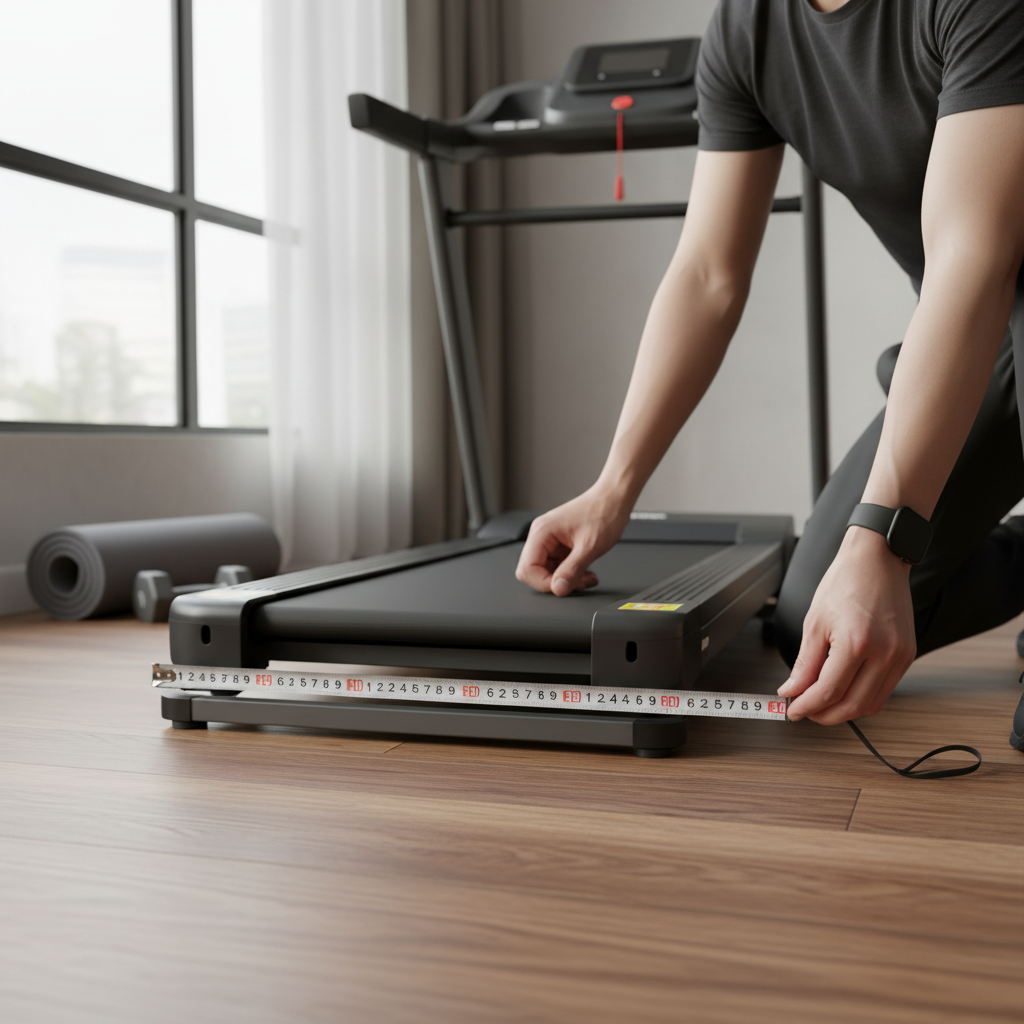 Measuring a compact treadmill footprint with tape measure