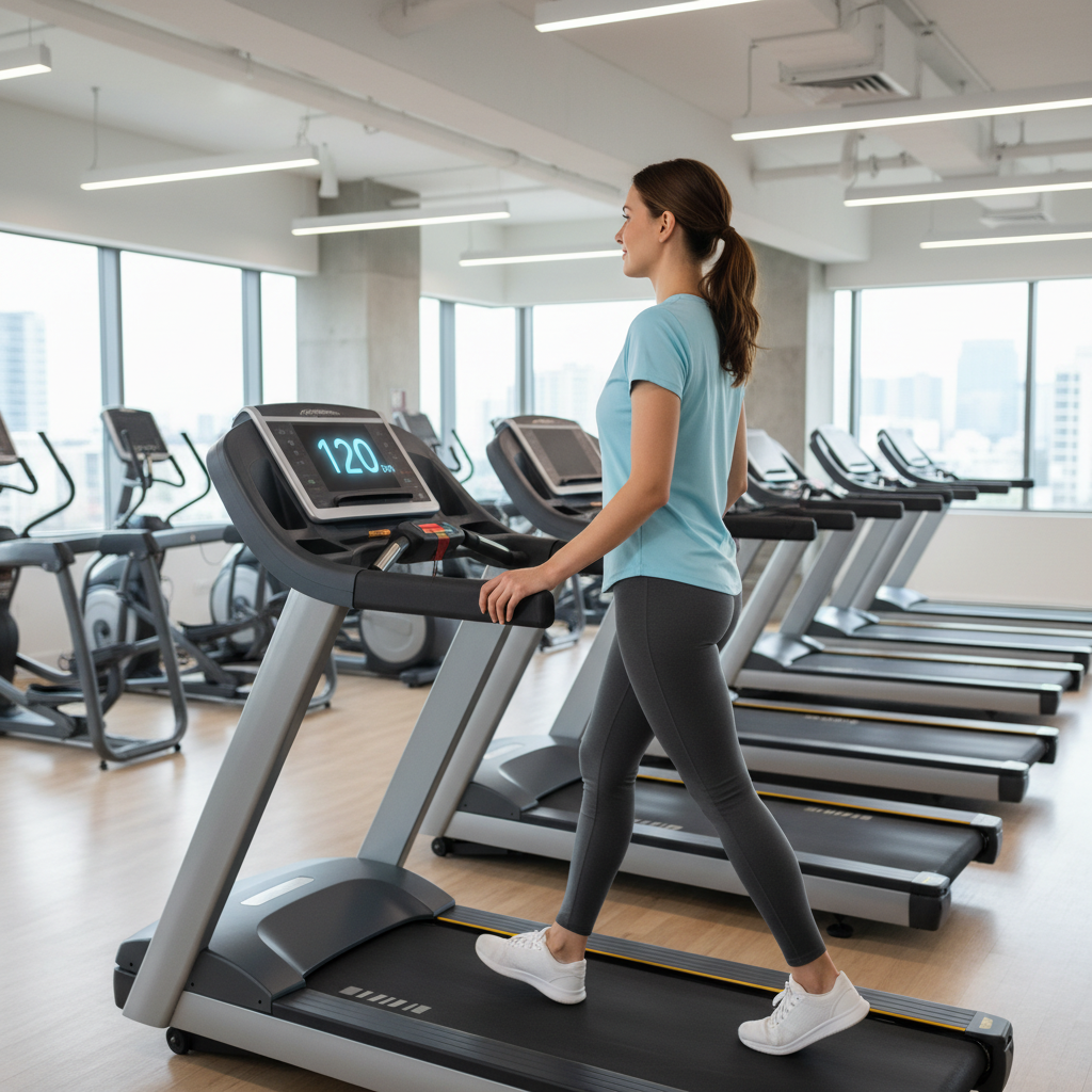 Beginner doing an easy treadmill walk for cardio recovery