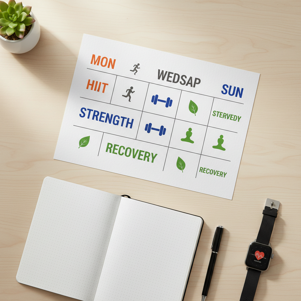 Weekly HIIT training schedule on a calendar with recovery and strength days