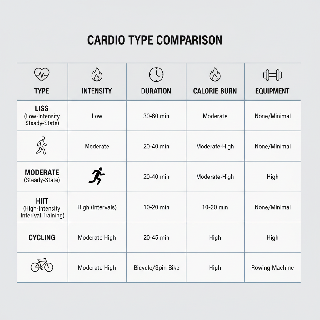 Comparison table concept for choosing fat burning cardio by goal and fitness level