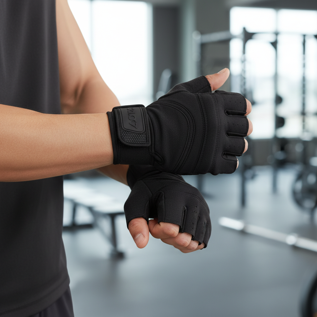 Fitness glove fit check showing snug closure and proper fingerless sizing