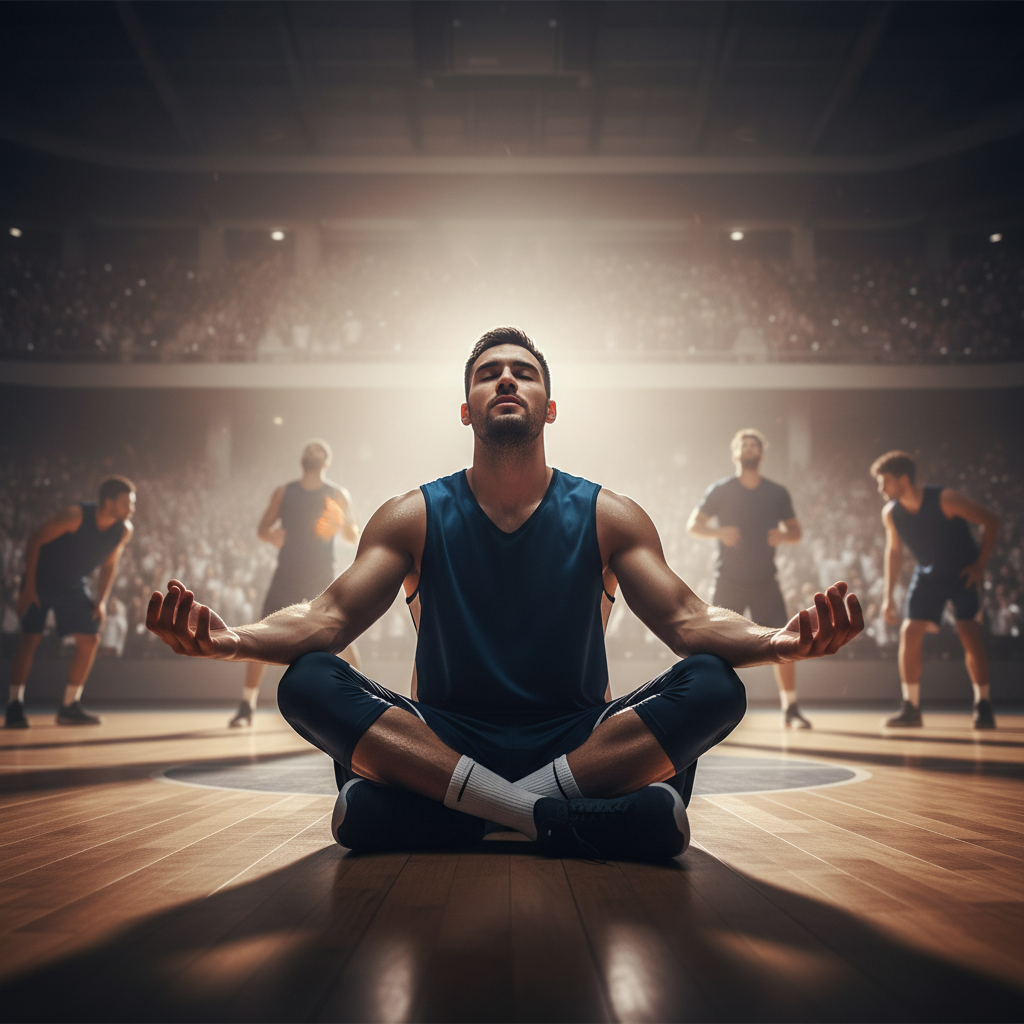 Basketball player practicing focus and breathing during a noisy gym session