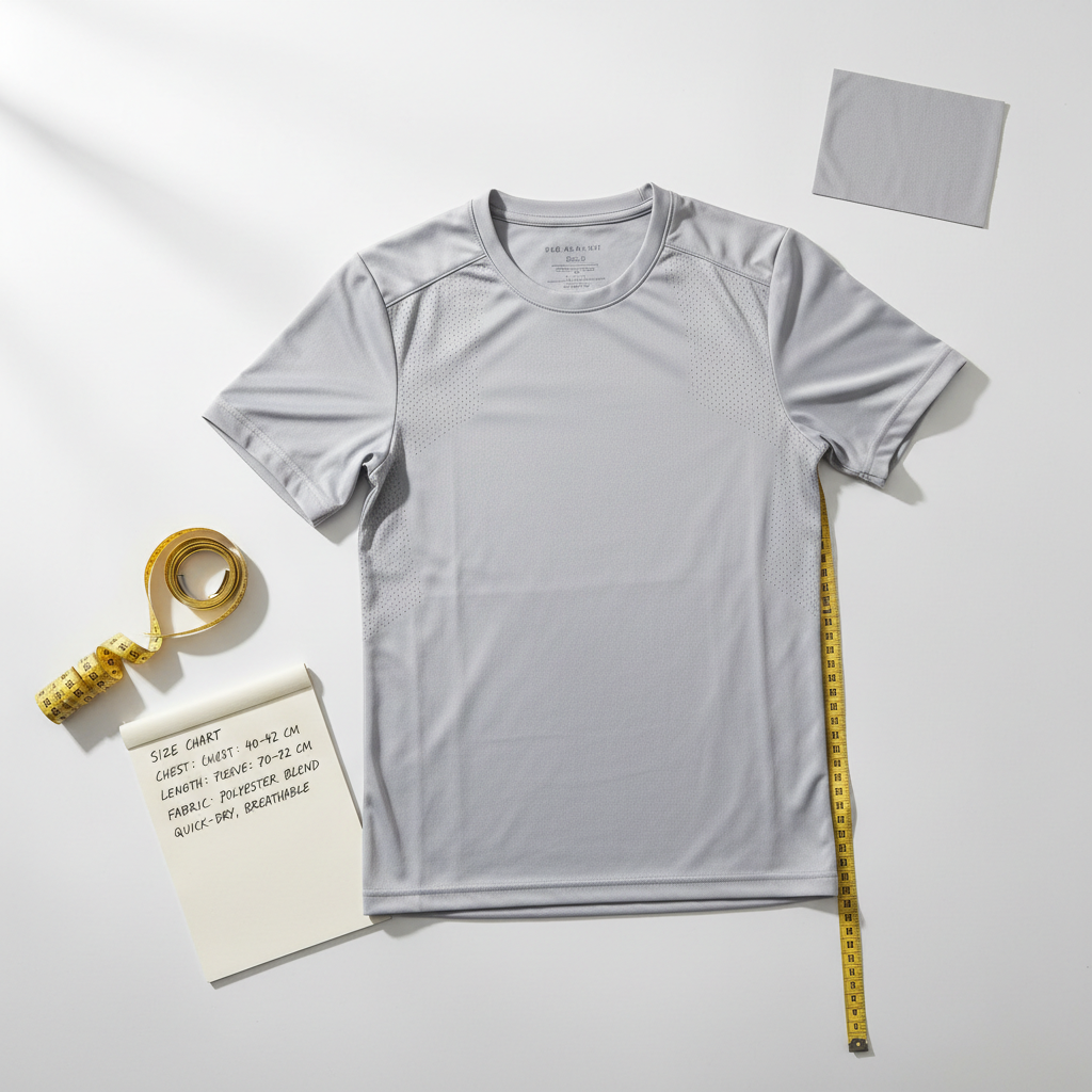 Flat lay of training jersey with size chart notes and fabric details