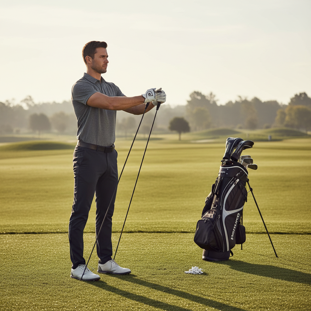Golfer doing a controlled warm-up to support golf fitness for a stable swing