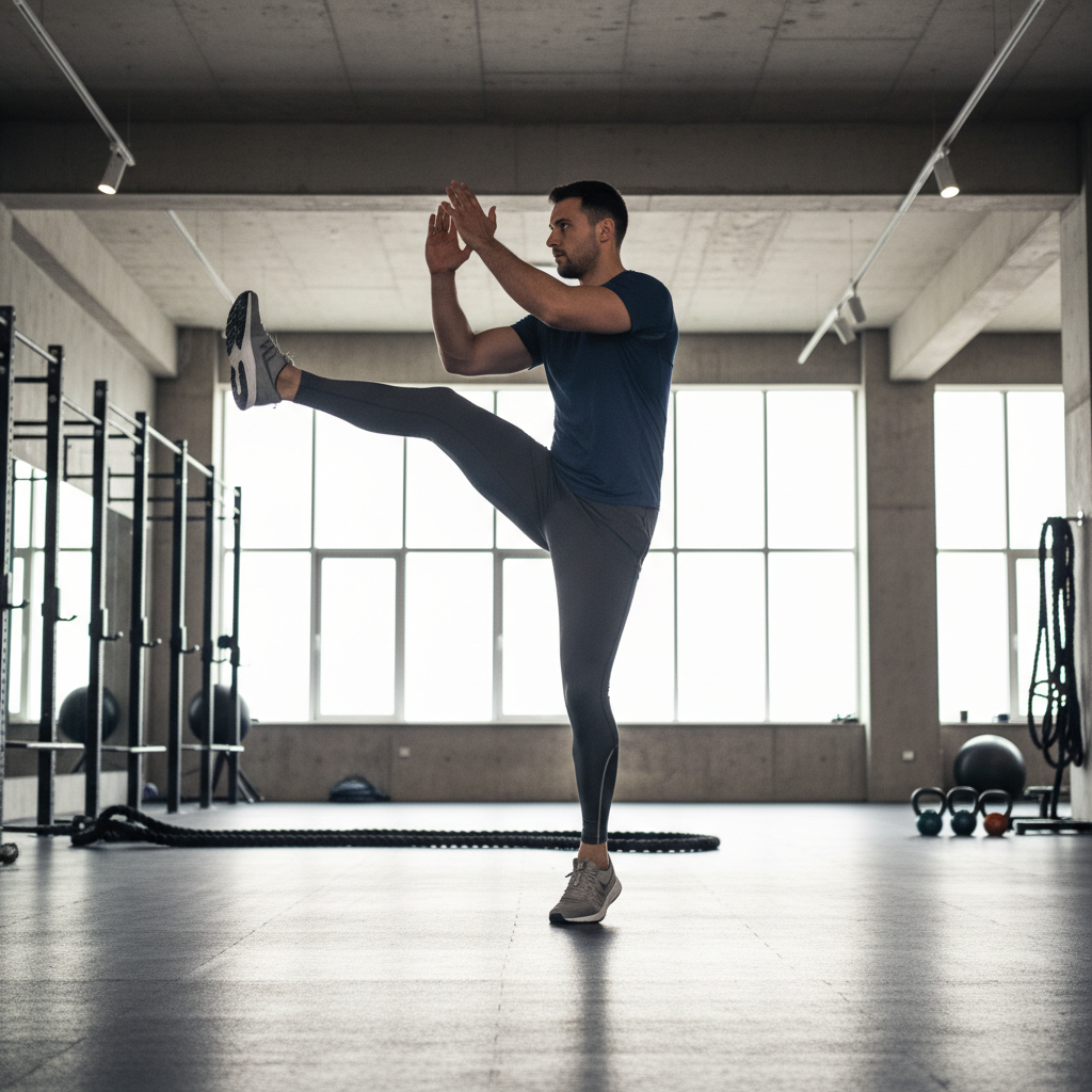 Athlete performing dynamic warm up drills in a gym before strength training