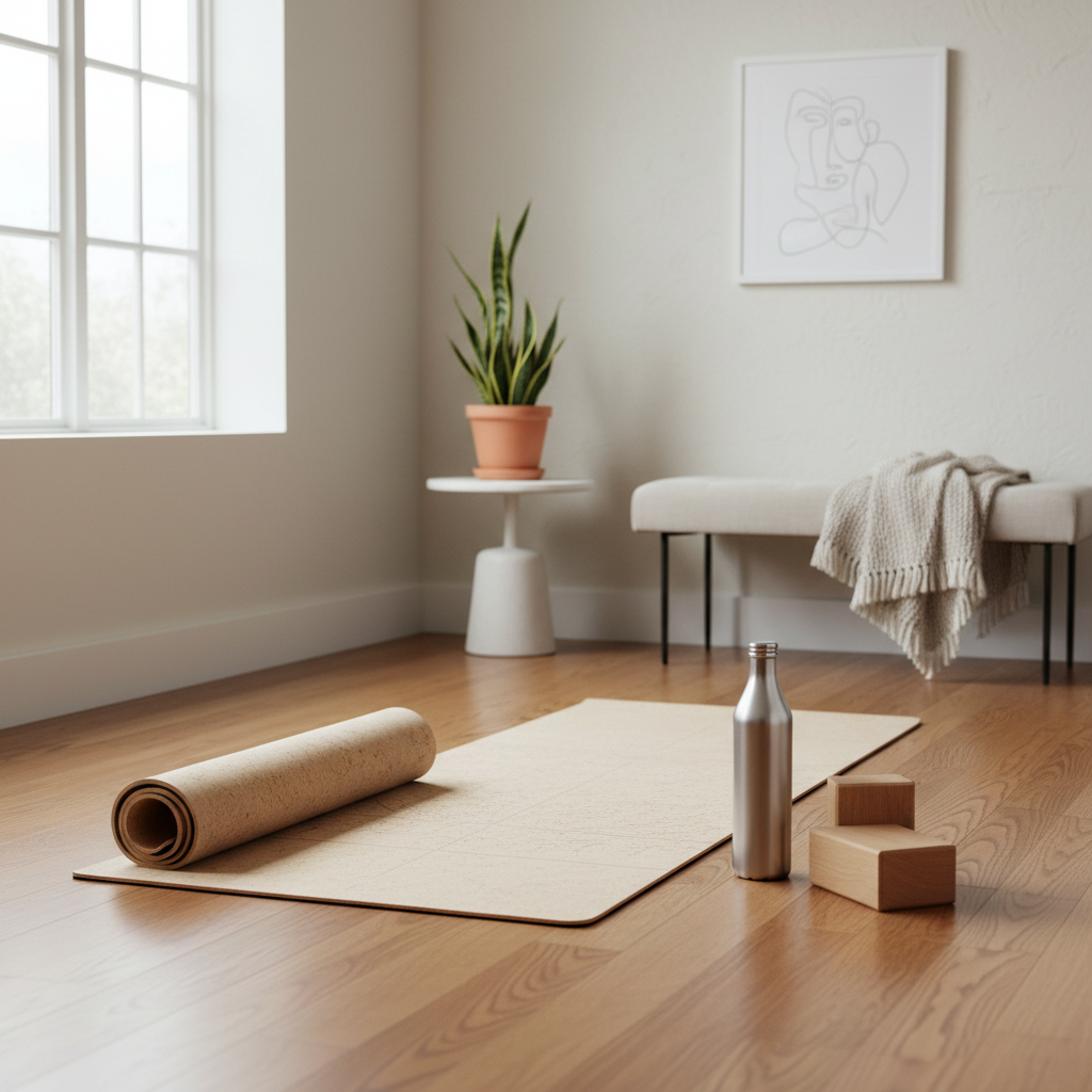 Home yoga setup with a yoga mat on hardwood floor