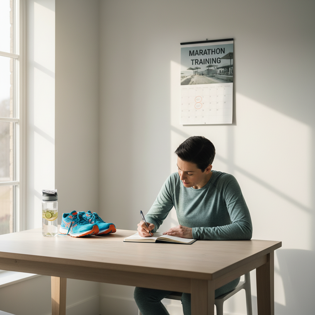 Person writing realistic fitness goals in a notebook with calendar and gym items