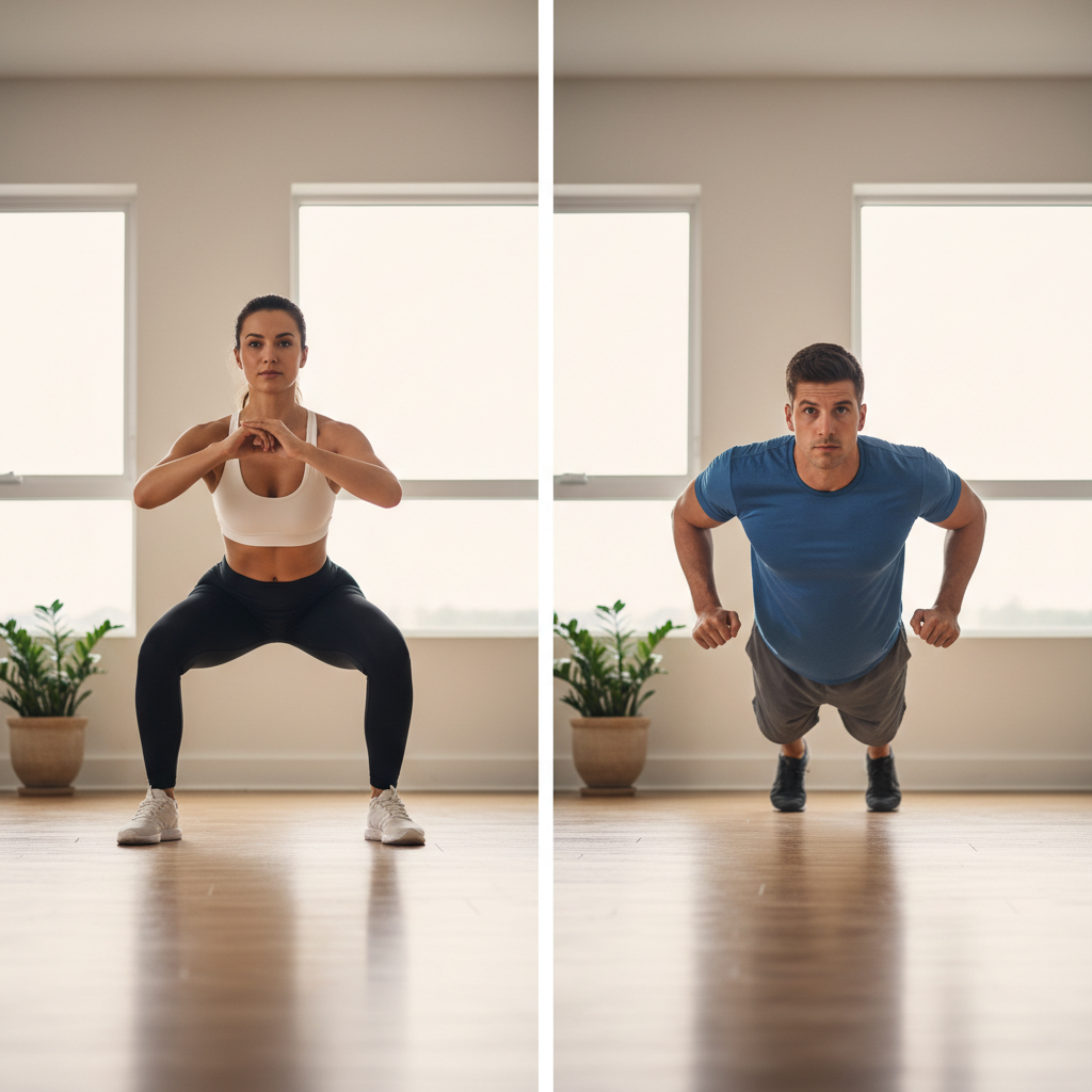 Bodyweight exercise form cues for squat and push-up at home