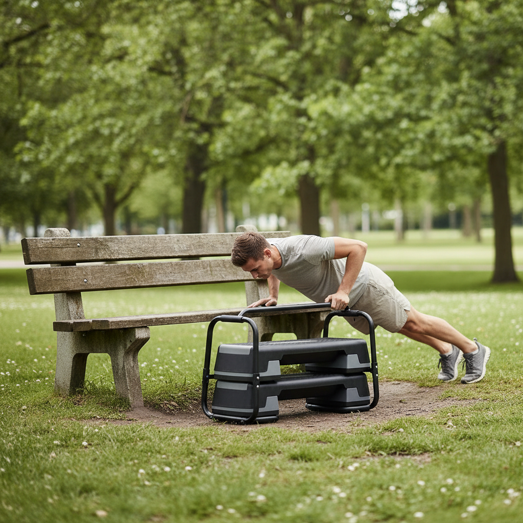Park bench workout with step-ups and incline push-ups outdoors