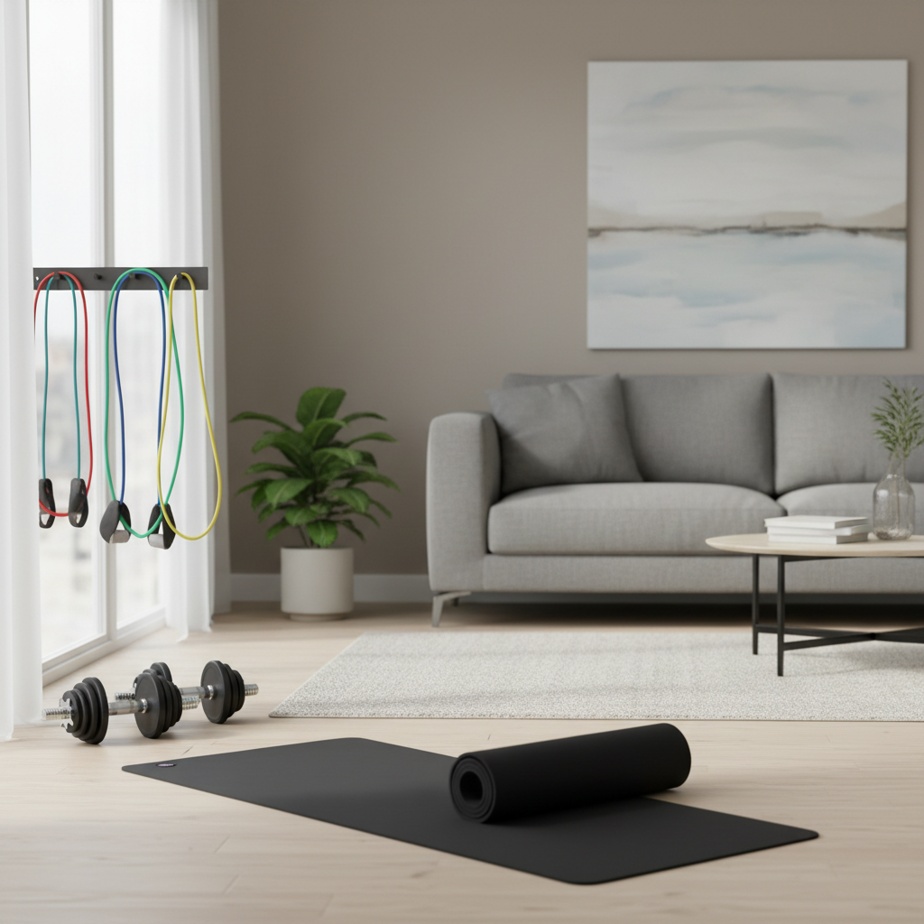 Home strength training setup with adjustable dumbbells and resistance bands