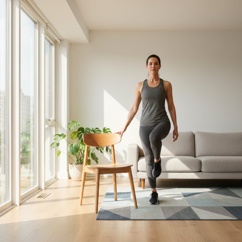 Person practicing balance training at home using a chair for support