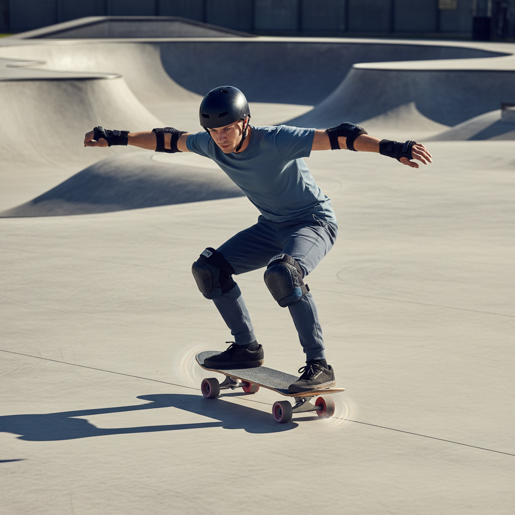 Skater practicing controlled carving turns and stopping techniques in an open skate area