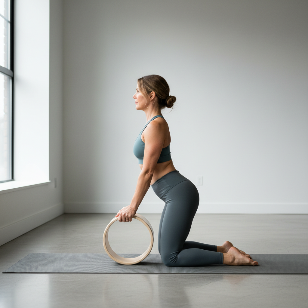 Person practicing a supported backbend with a yoga wheel and controlled breathing