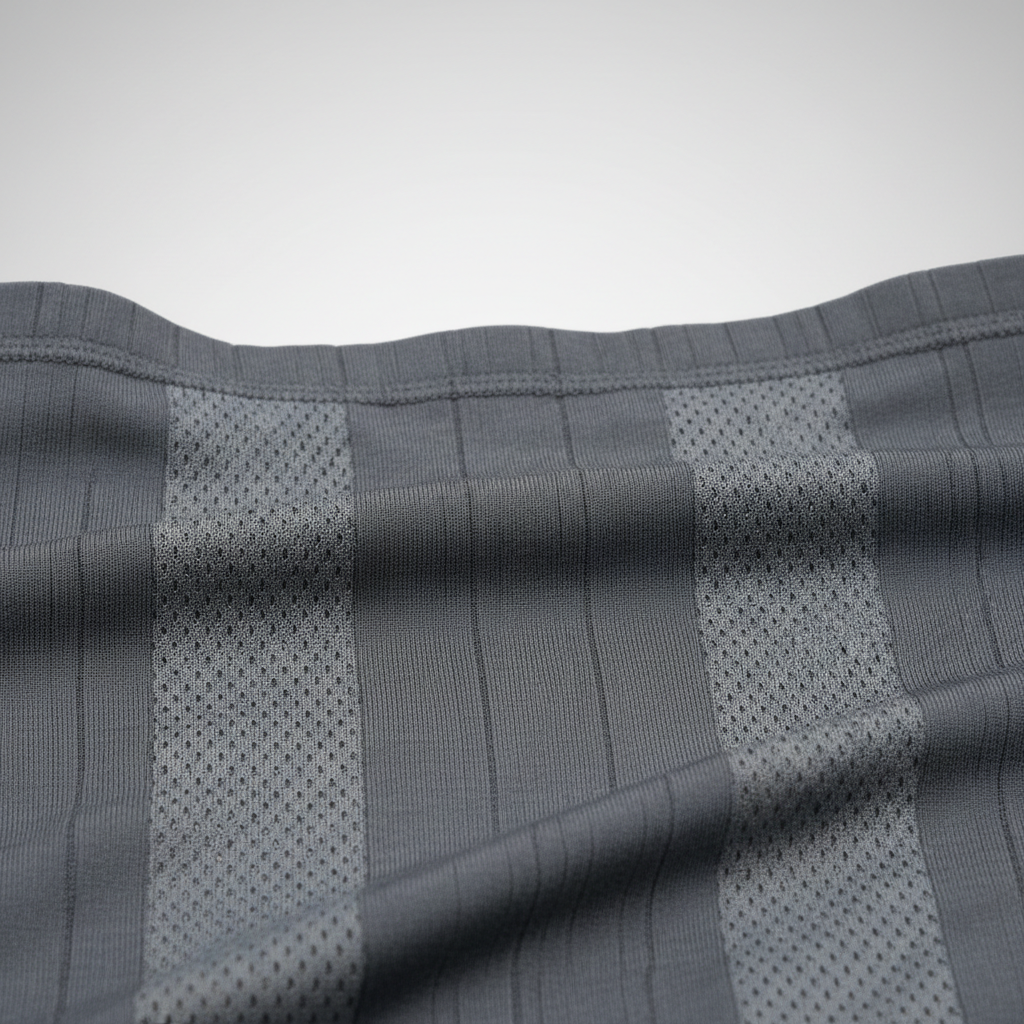 Close-up of breathable fabric with mesh panels and moisture-wicking texture