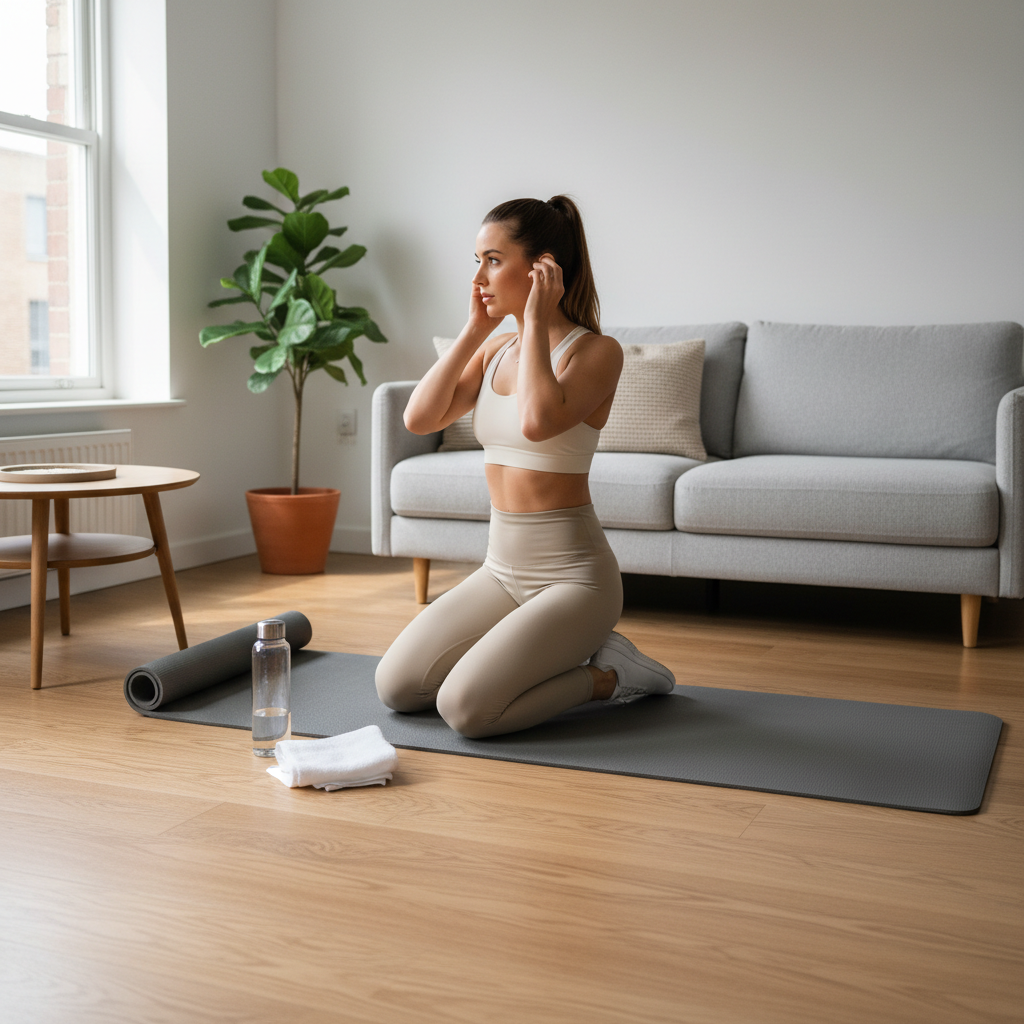 At-home full body bodyweight workout setup in a small living room