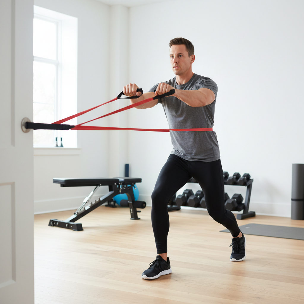 Choosing resistance band tension by stepping farther from the anchor point