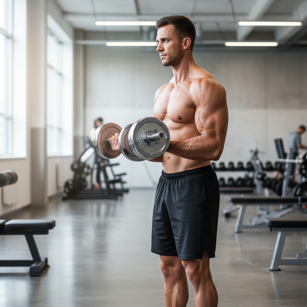Person performing a dumbbell biceps curl with proper form in a bright gym