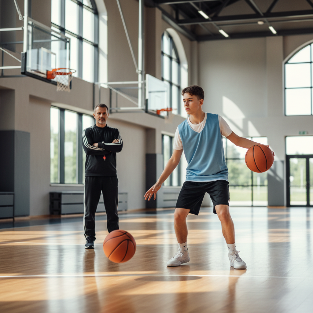 Beginner basketball player practicing dribbling and shooting fundamentals in a gym