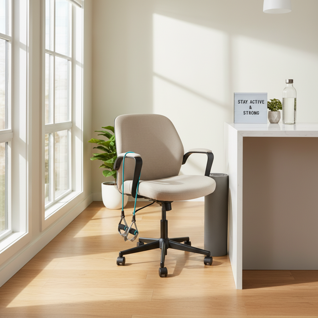 Home exercise setup for seniors with chair, resistance band, and clear floor space