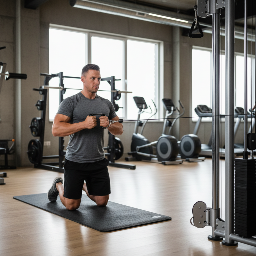 Cable pallof press setup for an anti-rotation oblique workout
