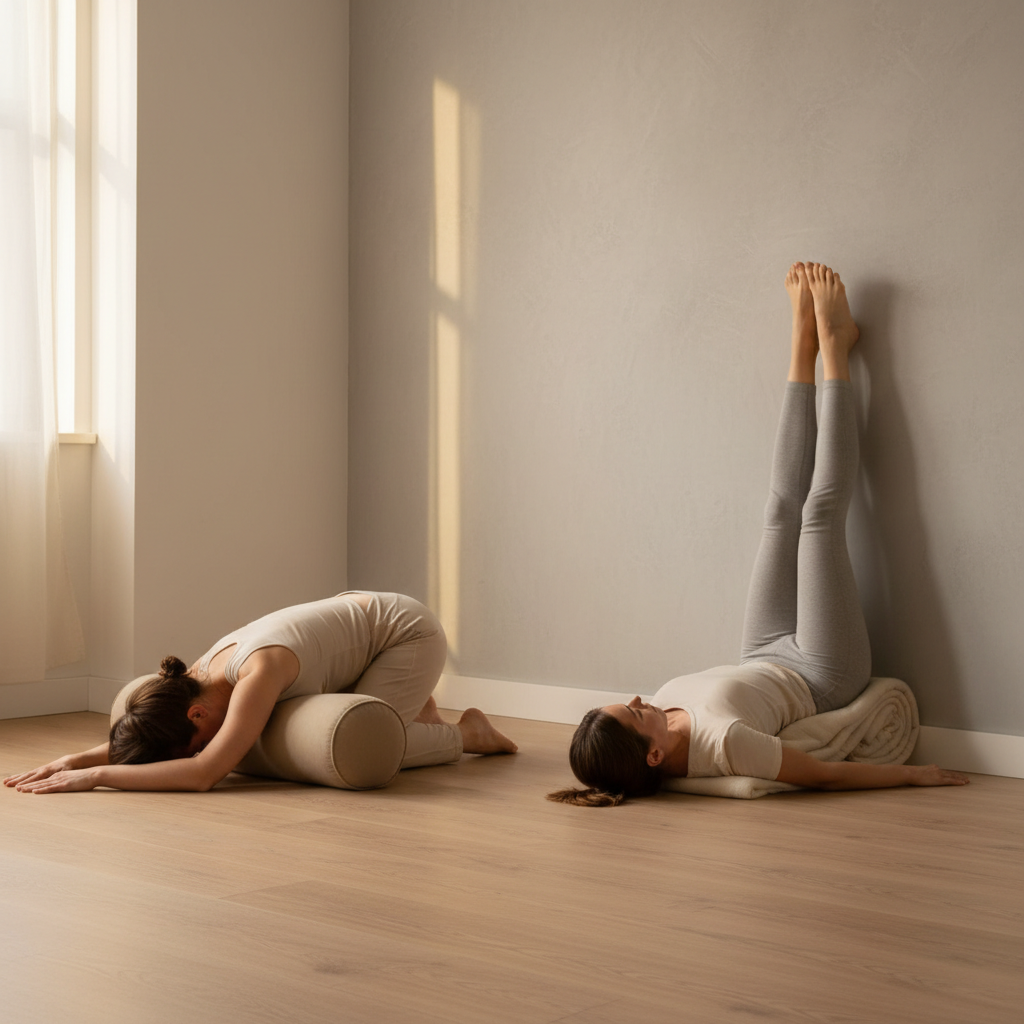 Restorative yoga poses for stress relief yoga: child’s pose and legs up the wall