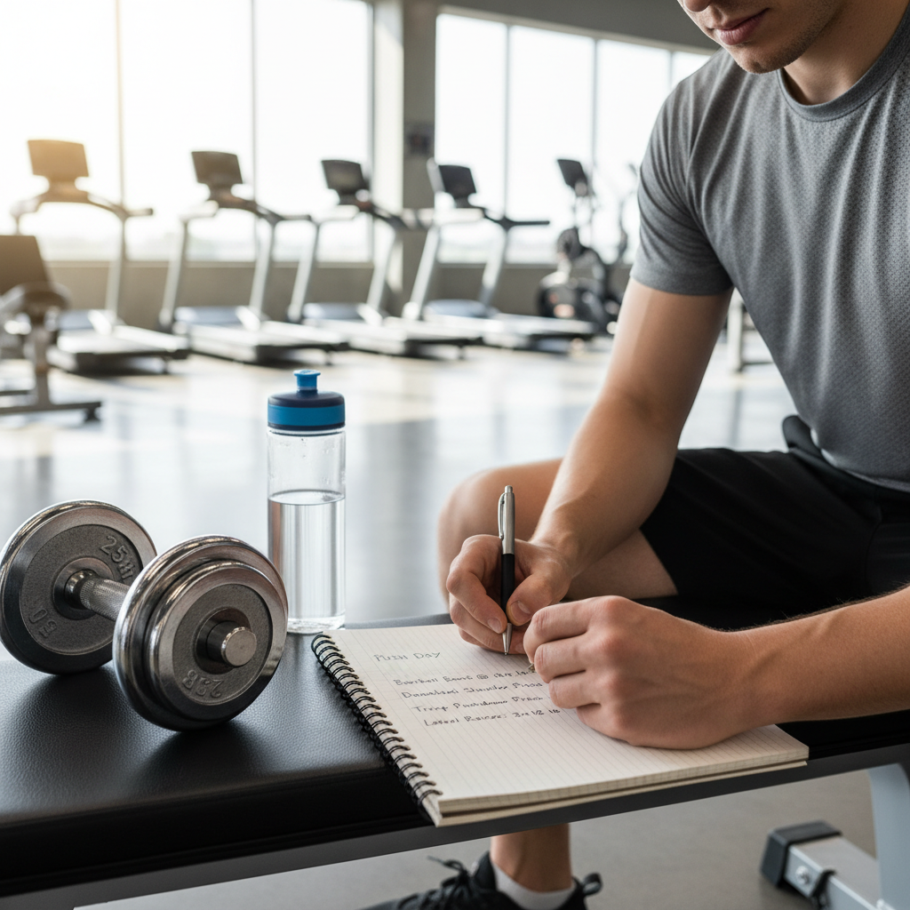 Beginner tracking workout progress with reps and weights in a simple log