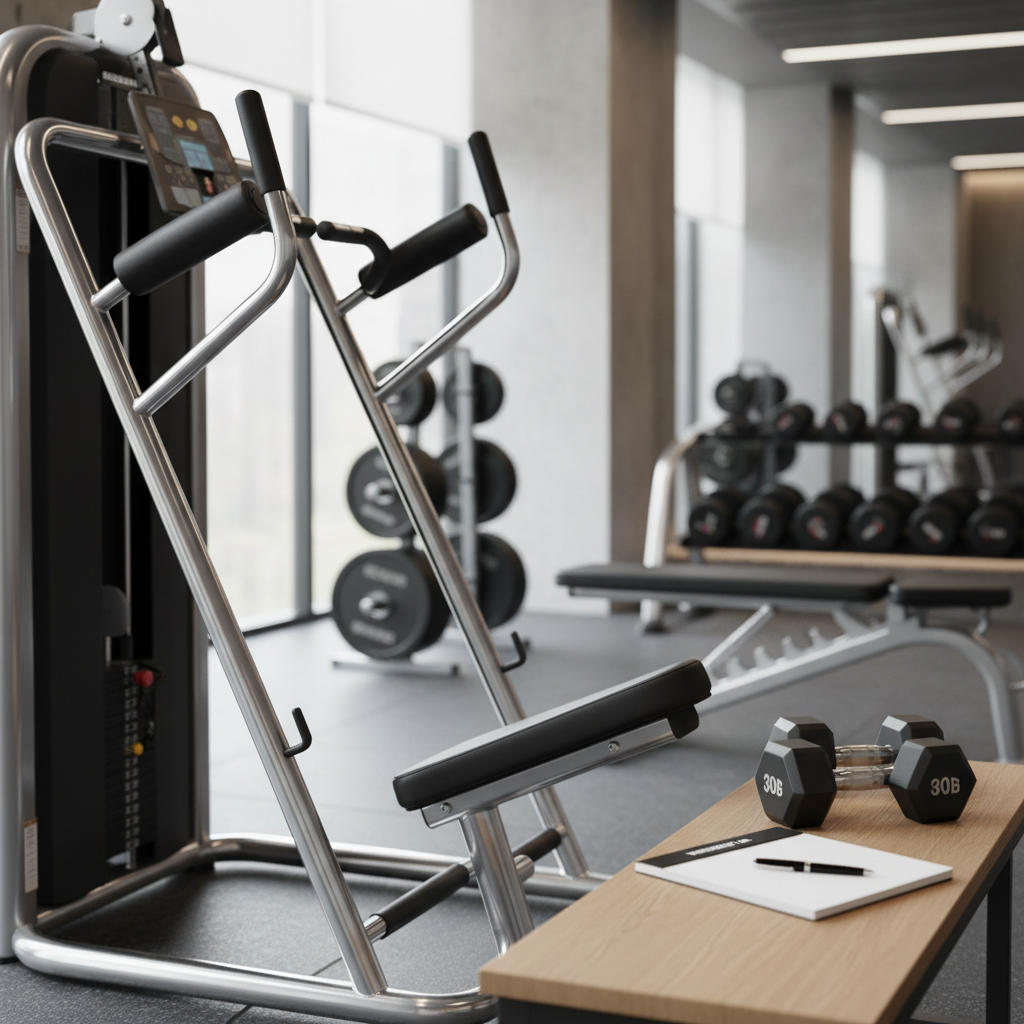 Gym calf training setup with calf raise machine and dumbbells