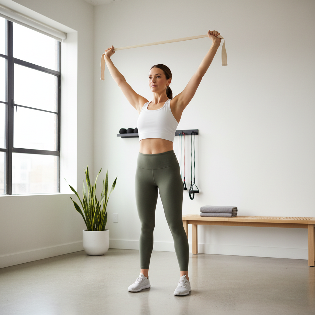Yoga strap used in a shoulder mobility drill in a bright home setting