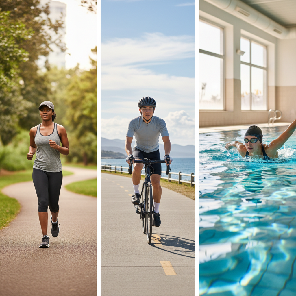 Aerobic exercise examples for heart health: walking, cycling, swimming