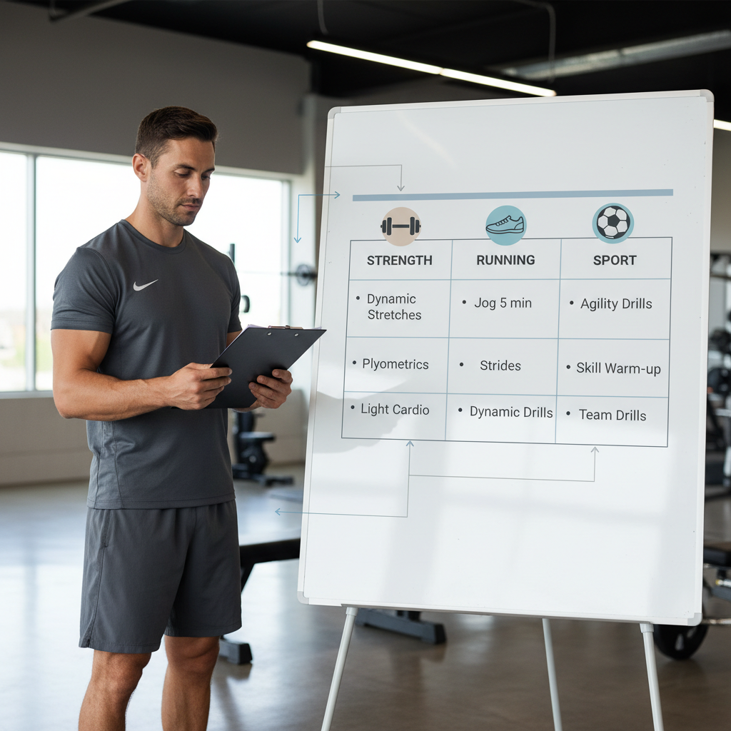 Table-style overview of warm up drills for strength training, running, and sports practice