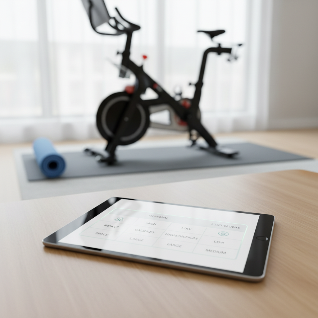 Comparison chart on a tablet with home cardio equipment in the background