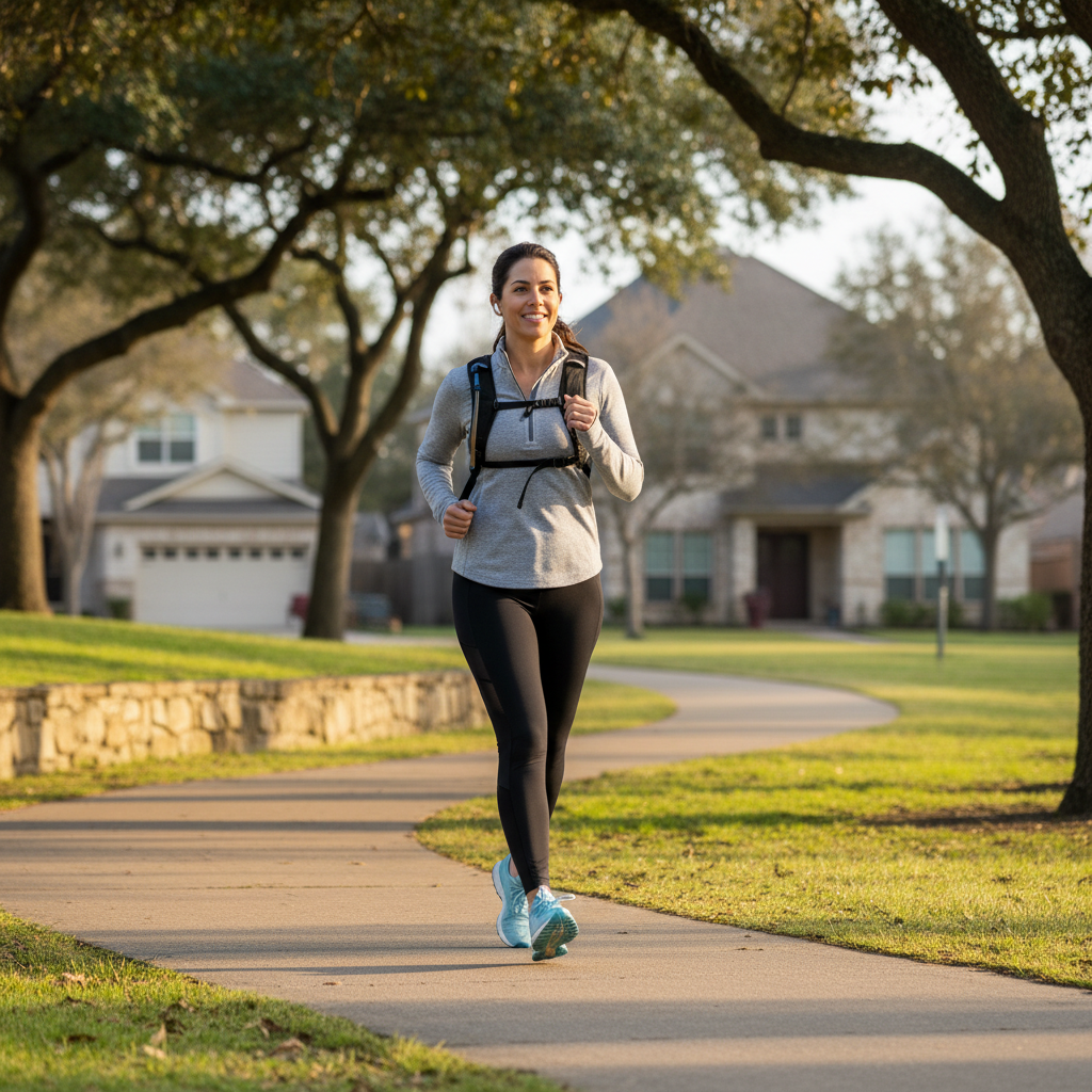 Beginner doing low-impact cardio walking outdoors in a neighborhood