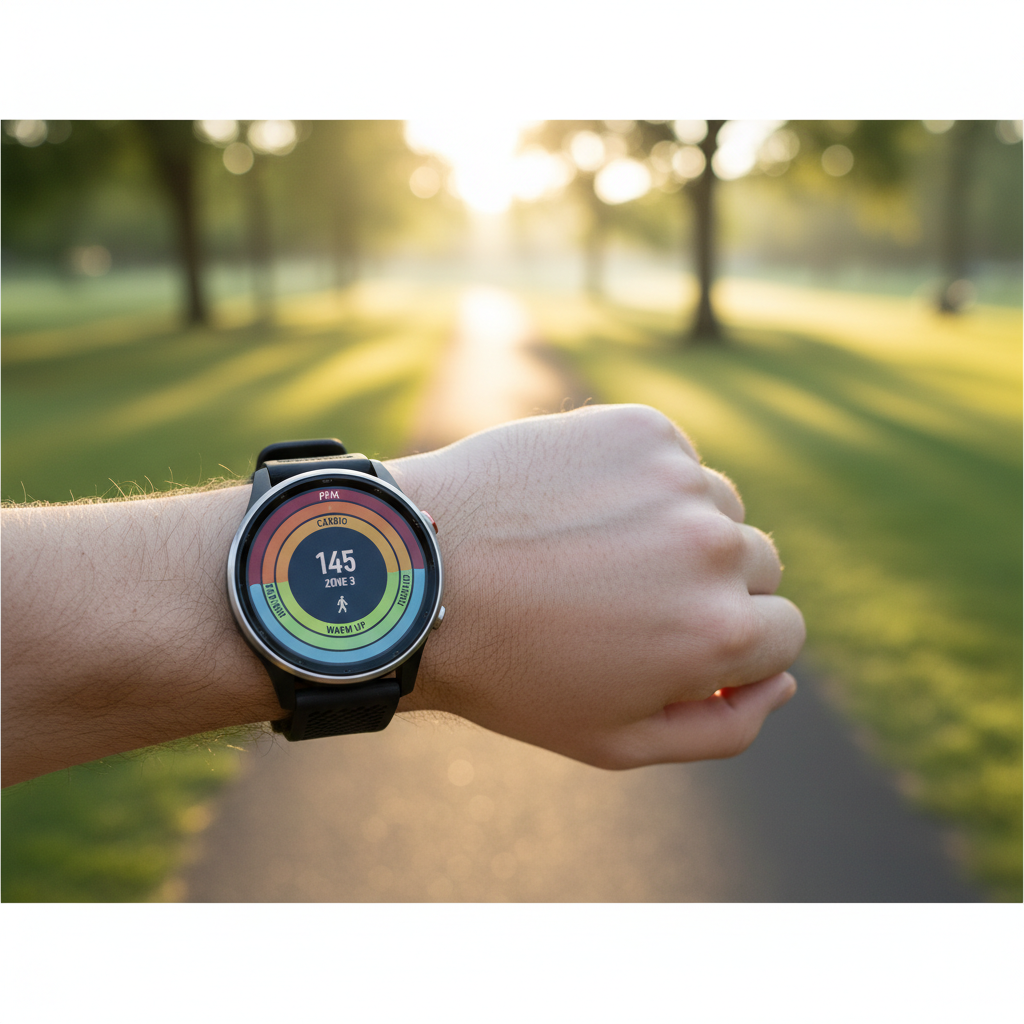 Heart rate zones graphic on a smartwatch during outdoor walking workout