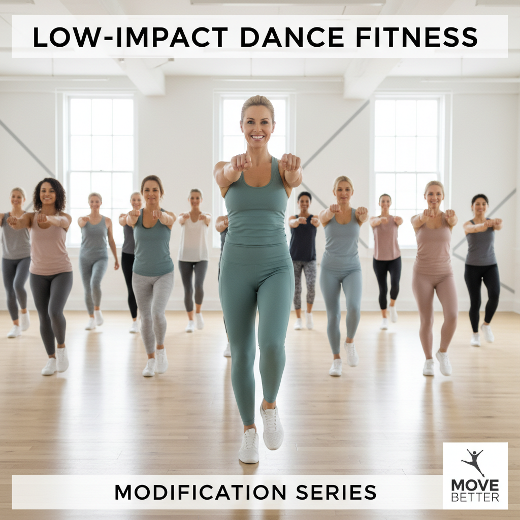 Dance fitness instructor demonstrating low-impact moves