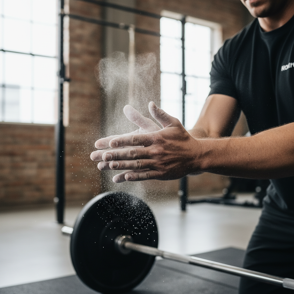 Weightlifter applying gym chalk to improve barbell grip