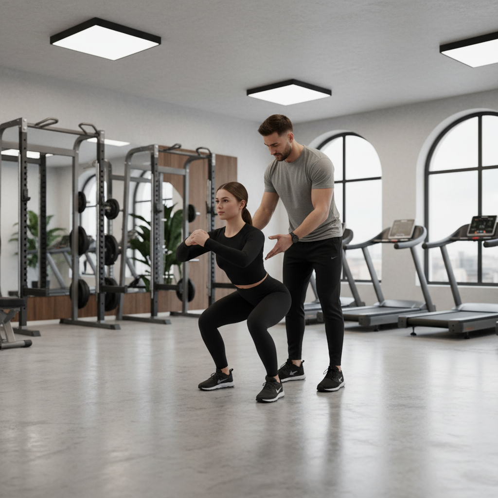Fitness coach guiding a client through proper squat form in a modern gym